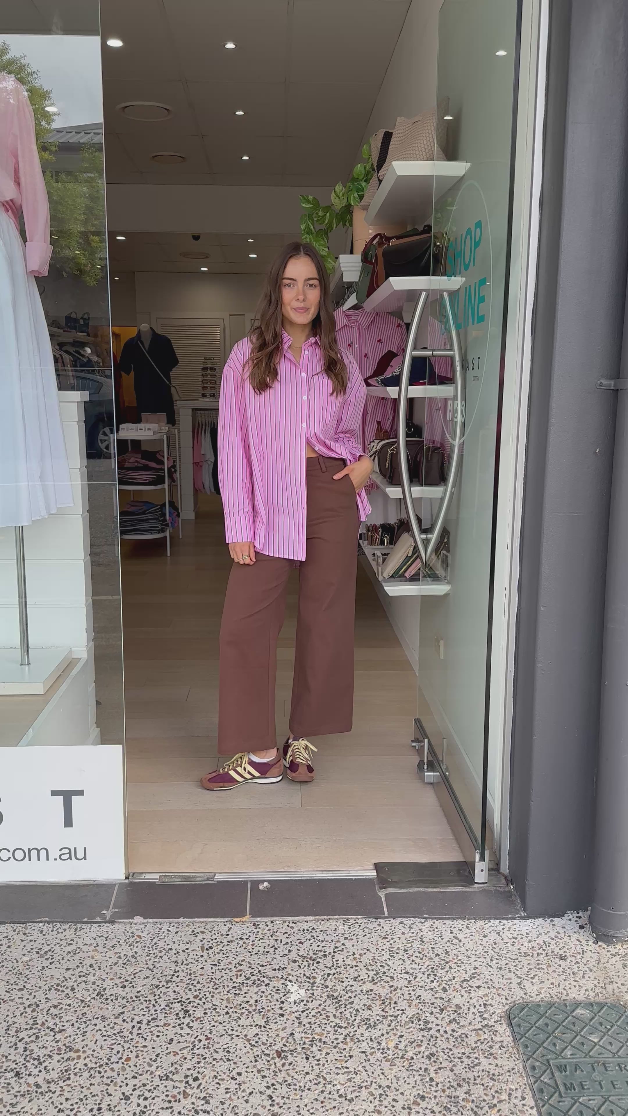 FEATHER + NOISE EMILY SHIRT - PINK BURGUNDY STRIPE