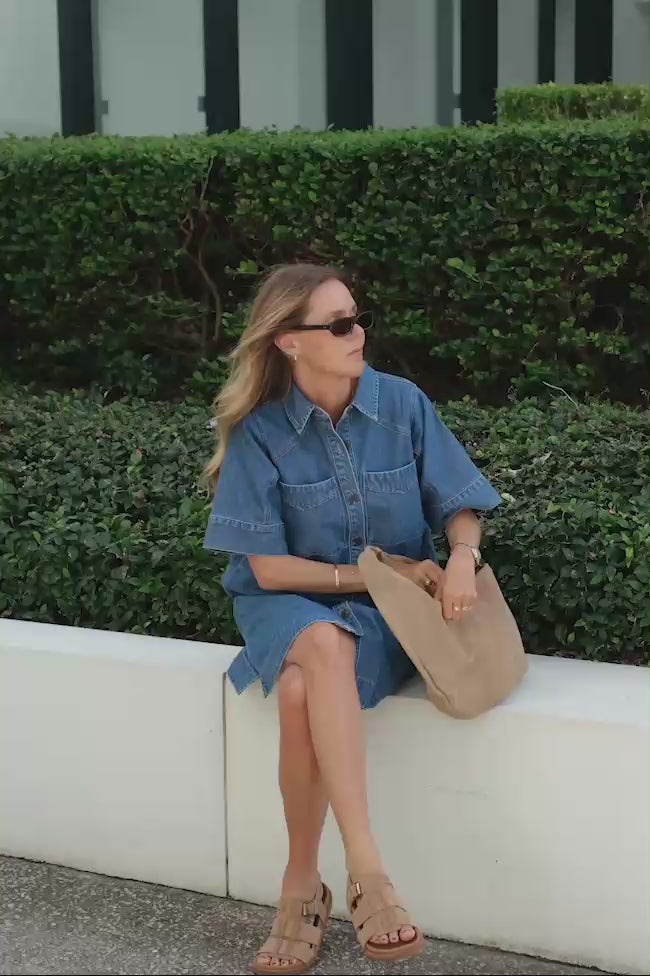 CERES LIFE AVA SHORT SLEEVE YOKE MINI DRESS - FRESH INDIGO