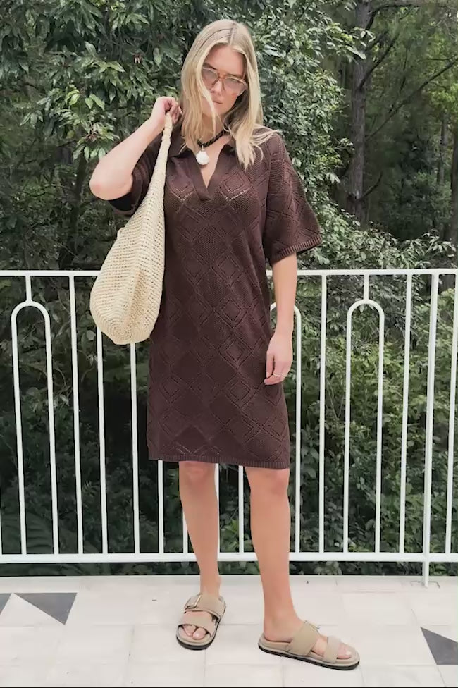 CERES LIFE DAISY DIAMOND KNIT MINI DRESS - CHOCOLATE