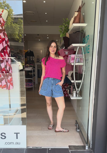 MADISON OFF THE SHOULDER KNIT TOP - HOT PINK