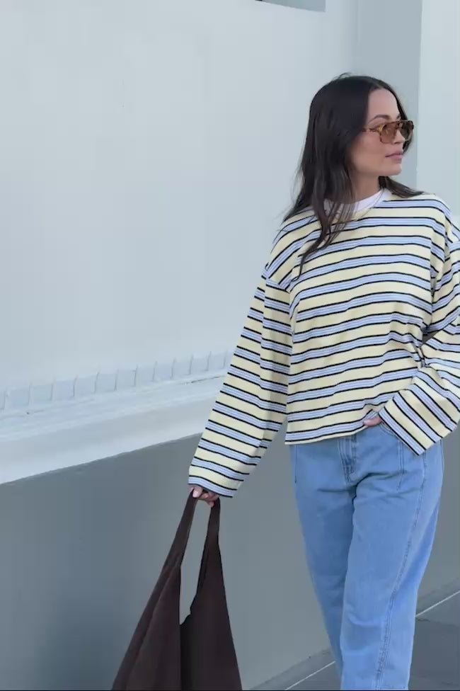 CERES LIFE BEAU LONG SLEEVE SLOUCHY TEE - BUTTER/BRUNETTE STRIPE