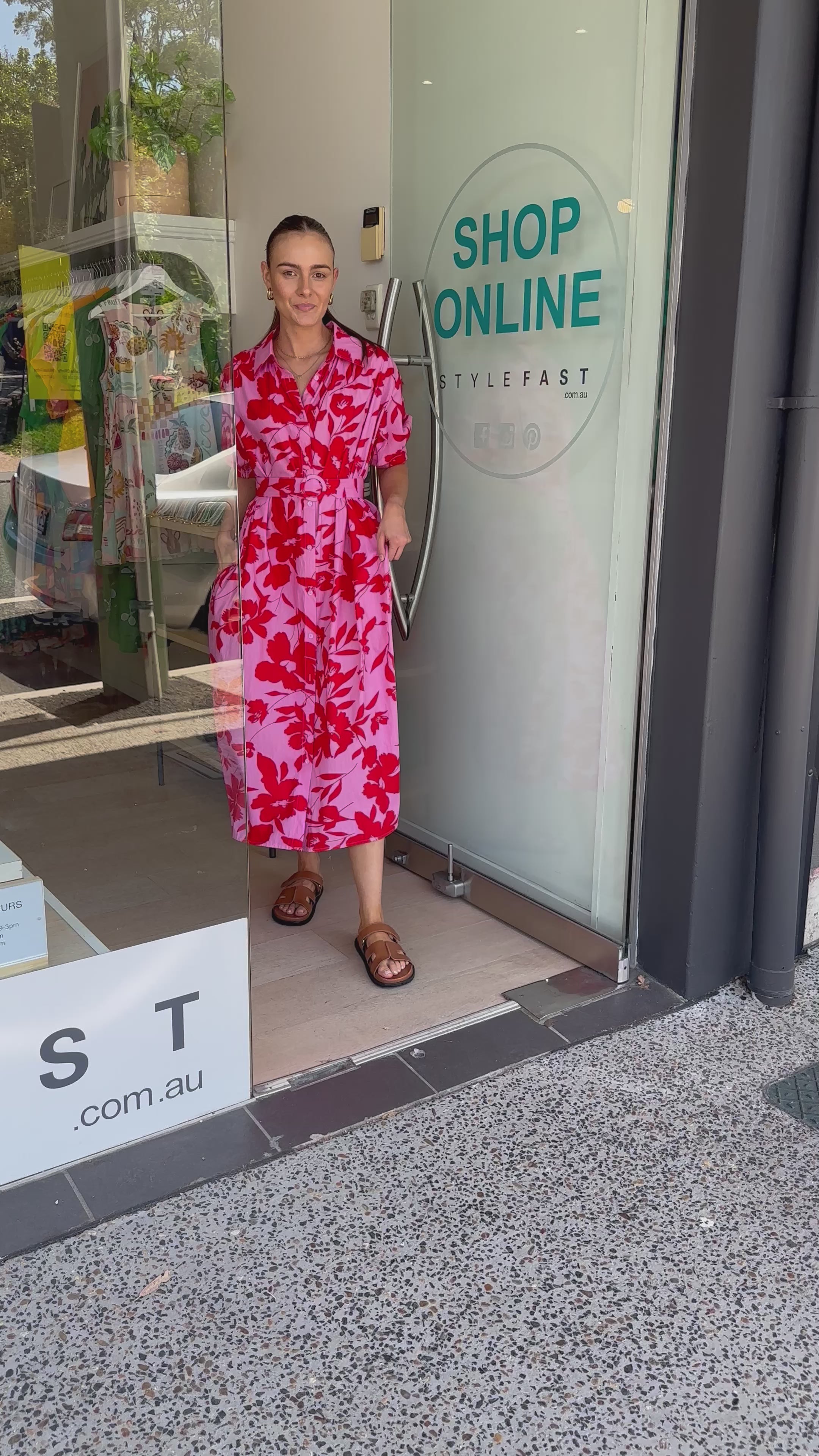 AVERY MIDI SHIRT DRESS - RED & PINK PRINT