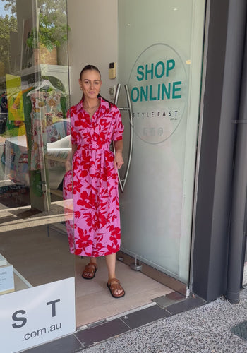 AVERY MIDI SHIRT DRESS - RED & PINK PRINT