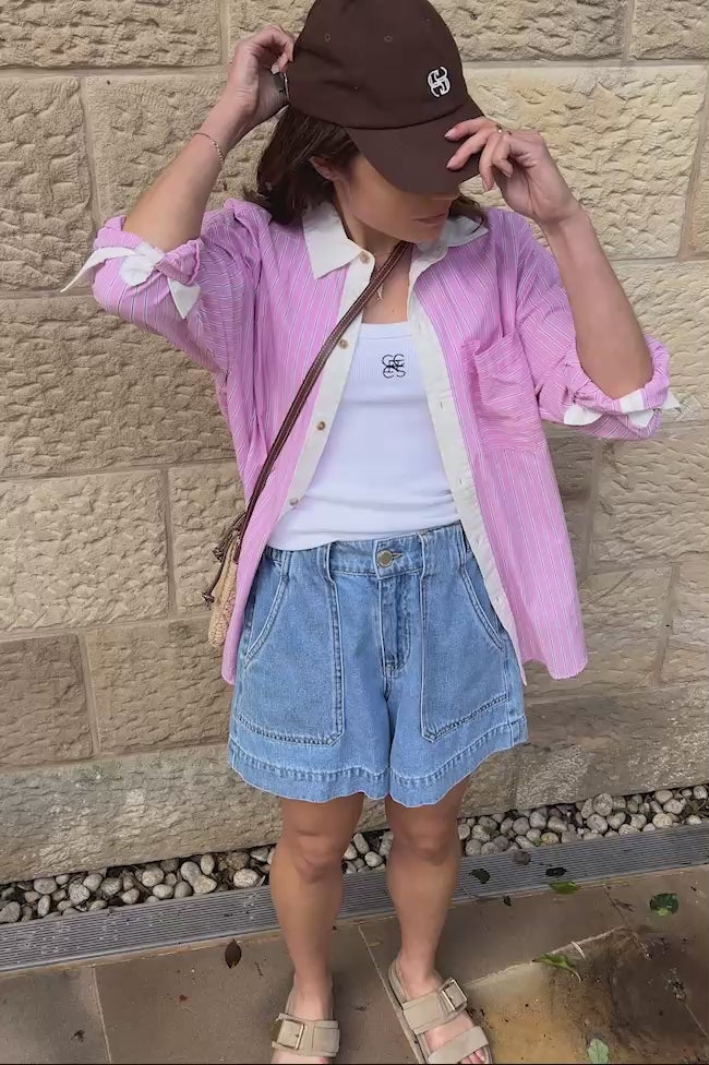 CERES LIFE COTTON PETA OVERSIZED SHIRT - HIBISCUS PINK STRIPE