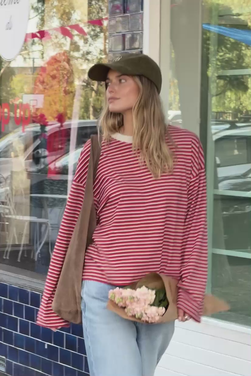 CERES LIFE BEAU LONG SLEEVE SLOUCHY TEE - MULBERRY/RED/STONE STRIPE