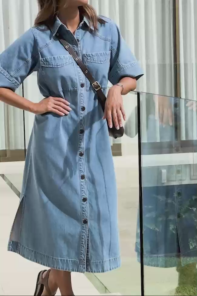 CERES LIFE AVA YOKE DETAIL MIDI DRESS - VINTAGE BLUE