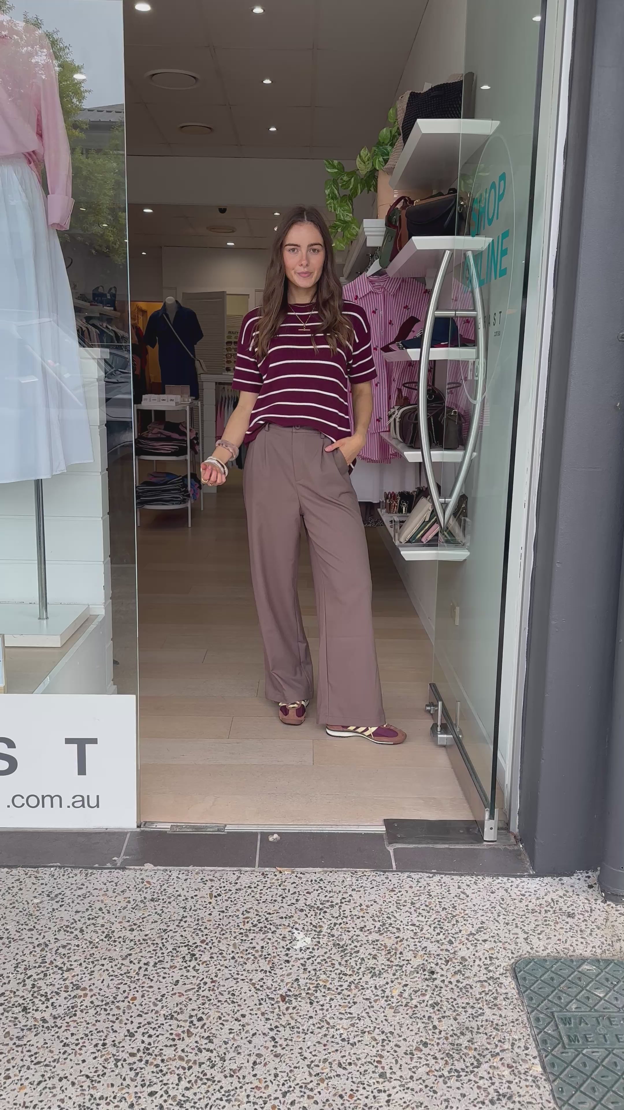 FEATHER + NOISE JASPER KNITTED TEE - BURGUNDY WHITE STRIPE