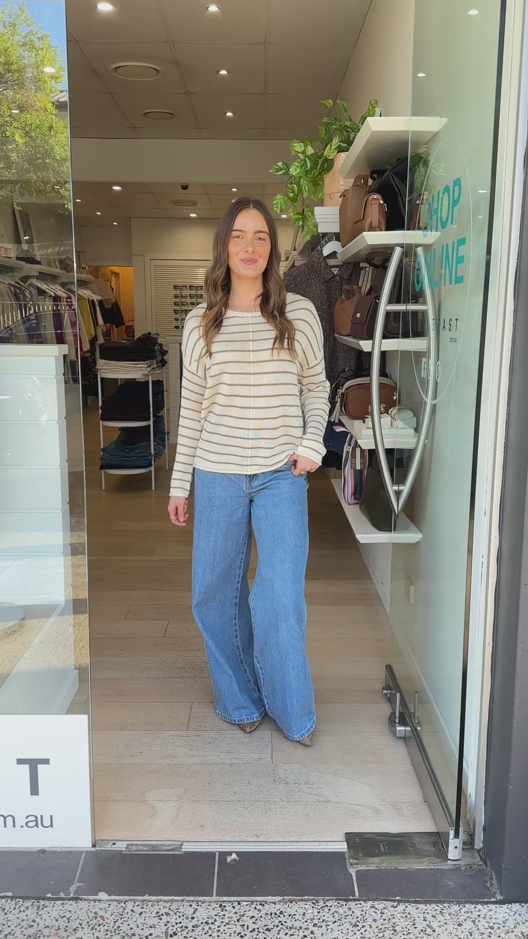 INDI LIGHTWEIGHT L/S KNIT TOP - OATMEAL/SAGE STRIPE