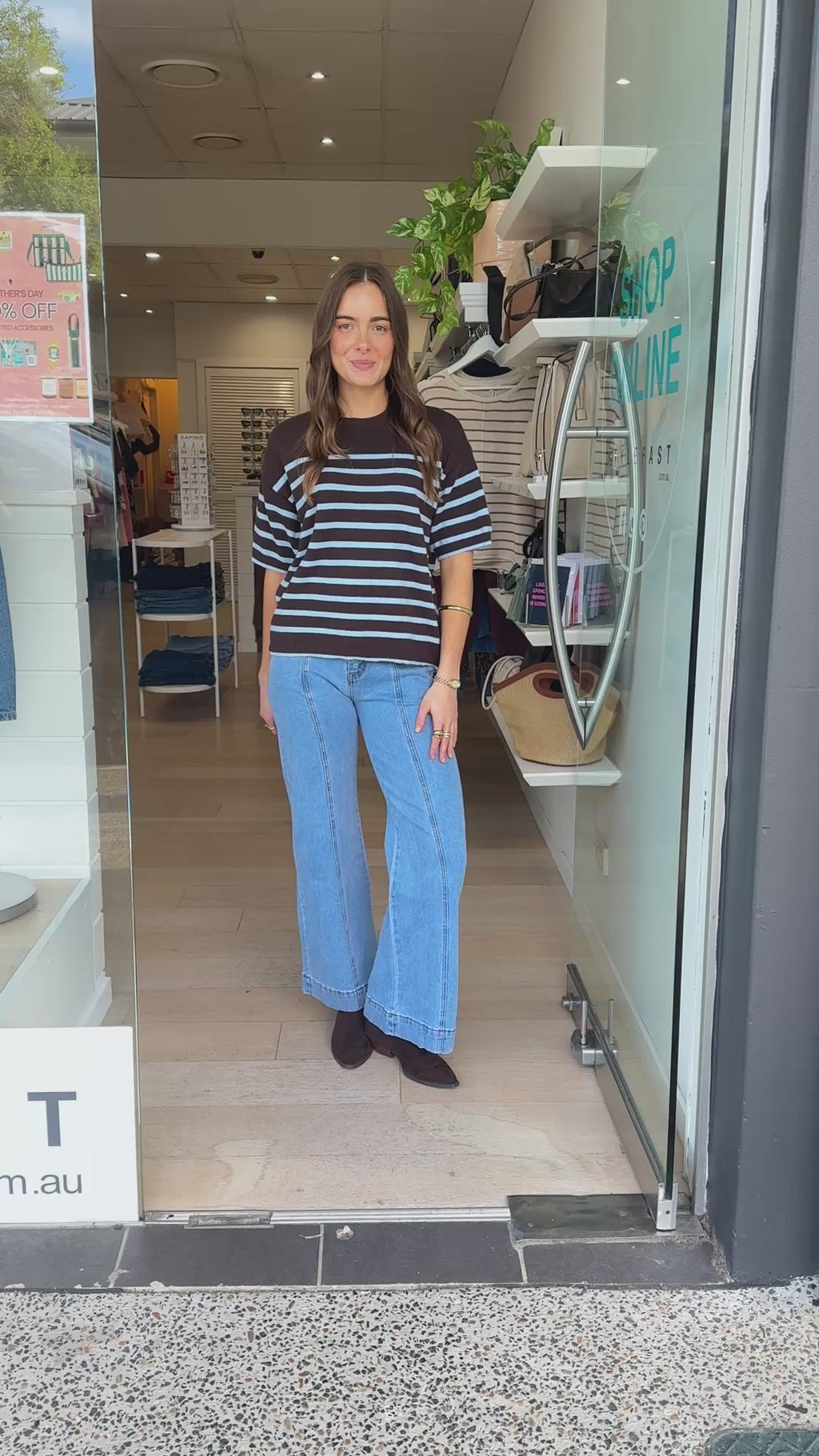 TASMYN SHORT SLEEVE KNIT TEE - CHOCOLATE/BLUE STRIPE
