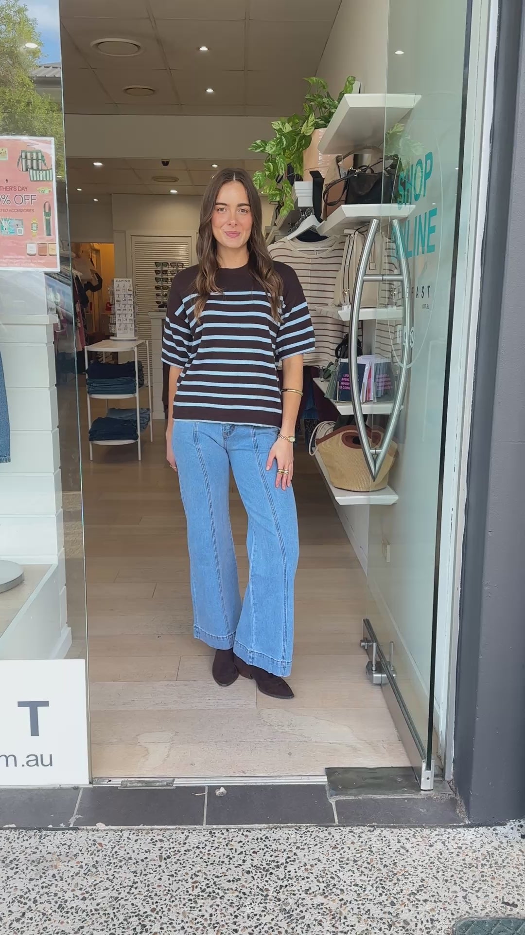 TASMYN SHORT SLEEVE KNIT TEE - CHOCOLATE/BLUE STRIPE