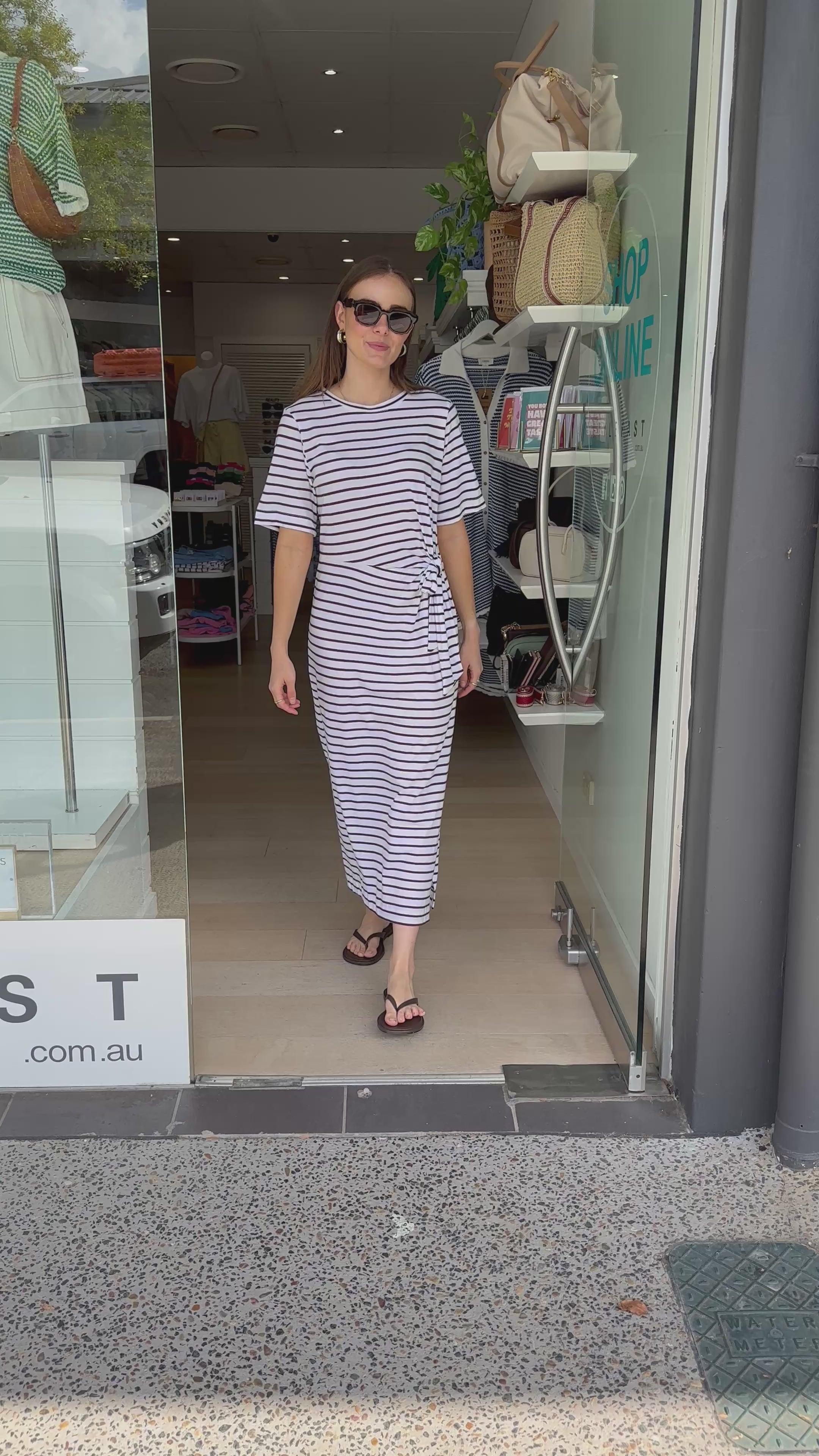 CERES LIFE ALLORA TIE MIDI TEE DRESS - CHOC STRIPE