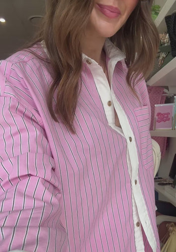 CERES LIFE COTTON PETA OVERSIZED SHIRT - HIBISCUS PINK STRIPE