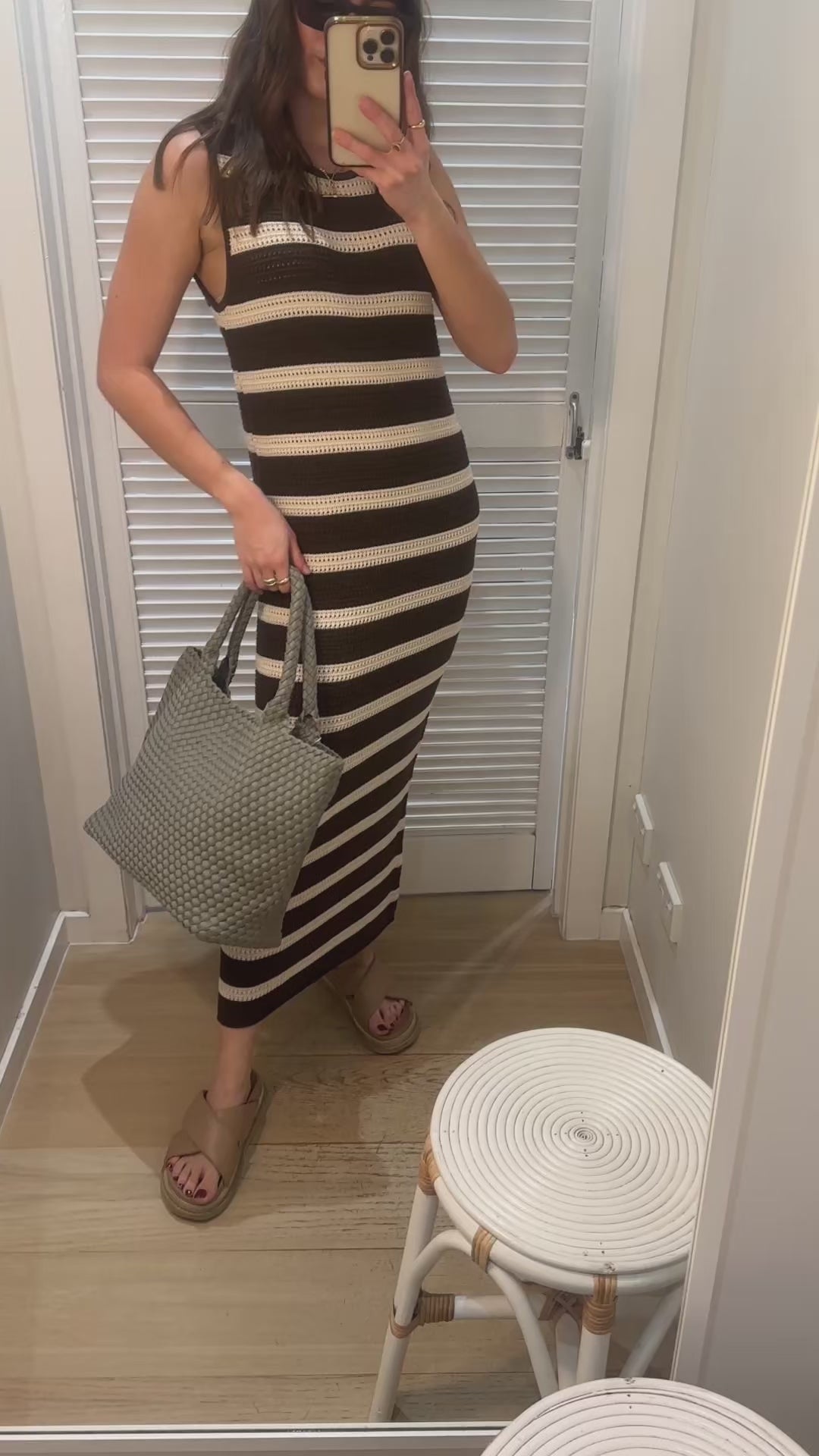 CERES LIFE MARGOT MESH KNIT TANK MIDI DRESS - CHOC STRIPE