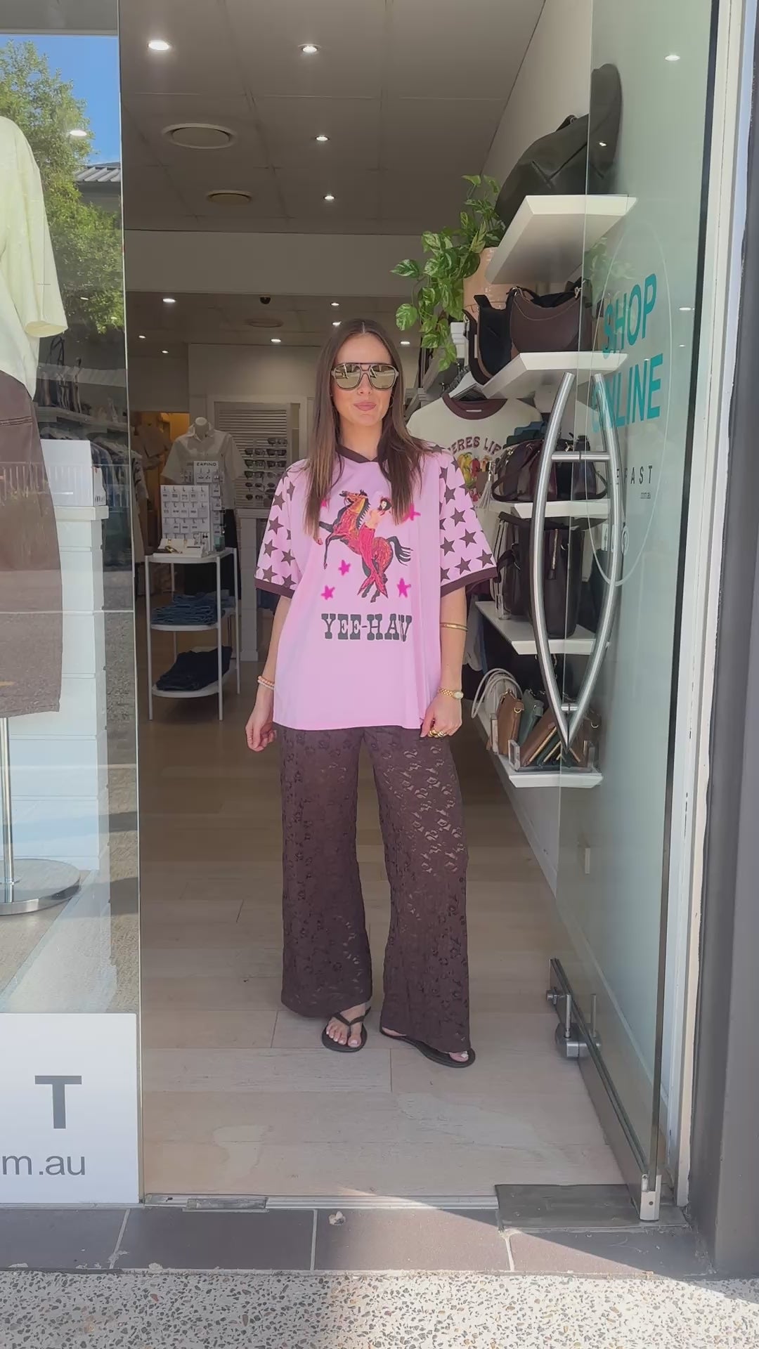 BY FRANKIE V NECK YEE HAW OVERSIZED TEE - PINK/CHOCOLATE