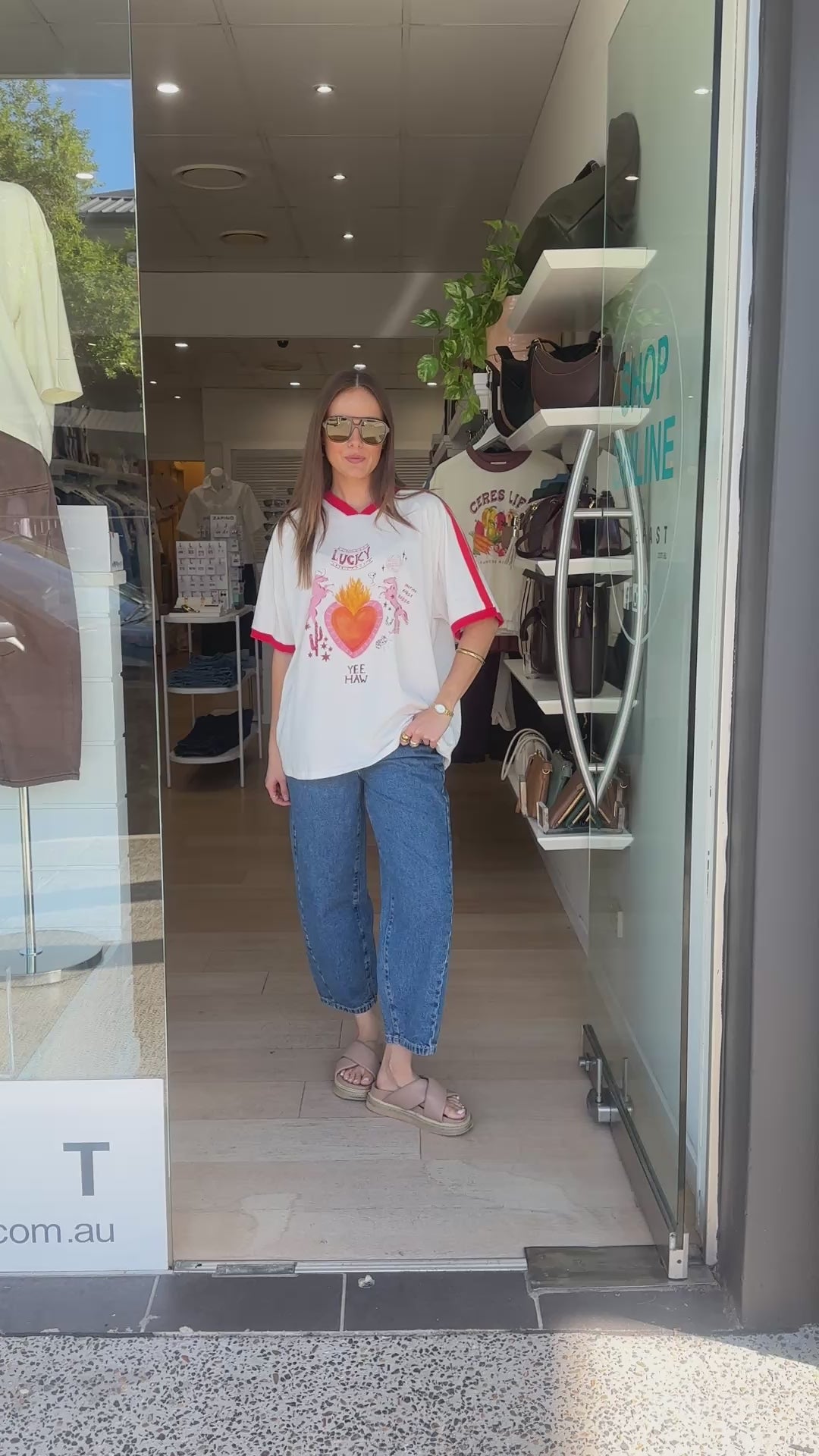 BY FRANKIE V NECK LUCKY YEE HAW OVERSIZED TEE - WHITE/RED