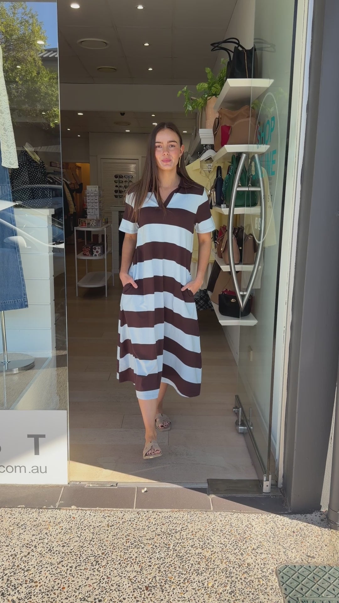 BROOKE COTTON JERSEY MIDI DRESS - CHOCOLATE/BLUE STRIPE