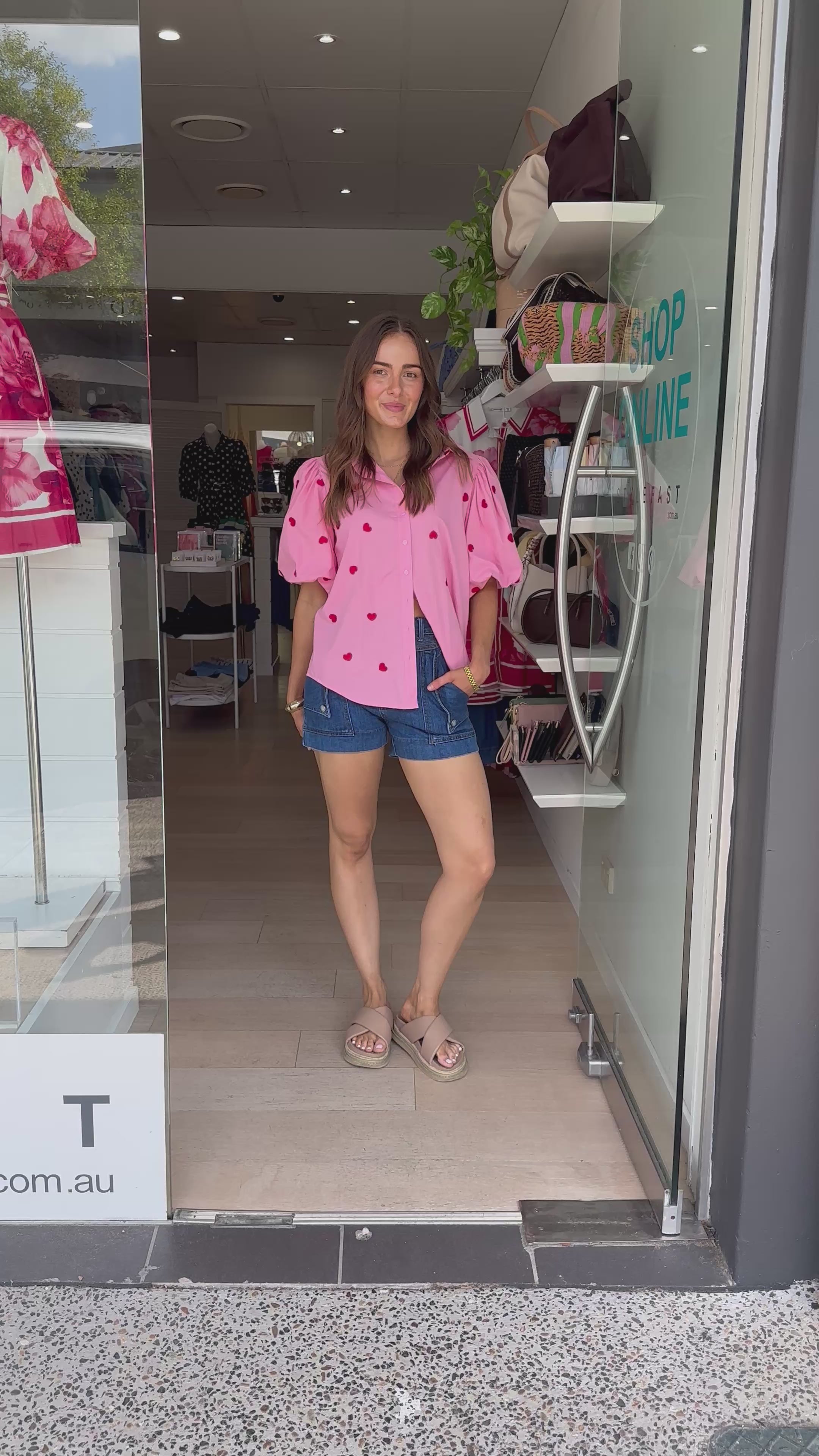 CARMEN HEART BUTTON THROUGH SHIRT - PINK/ RED HEART