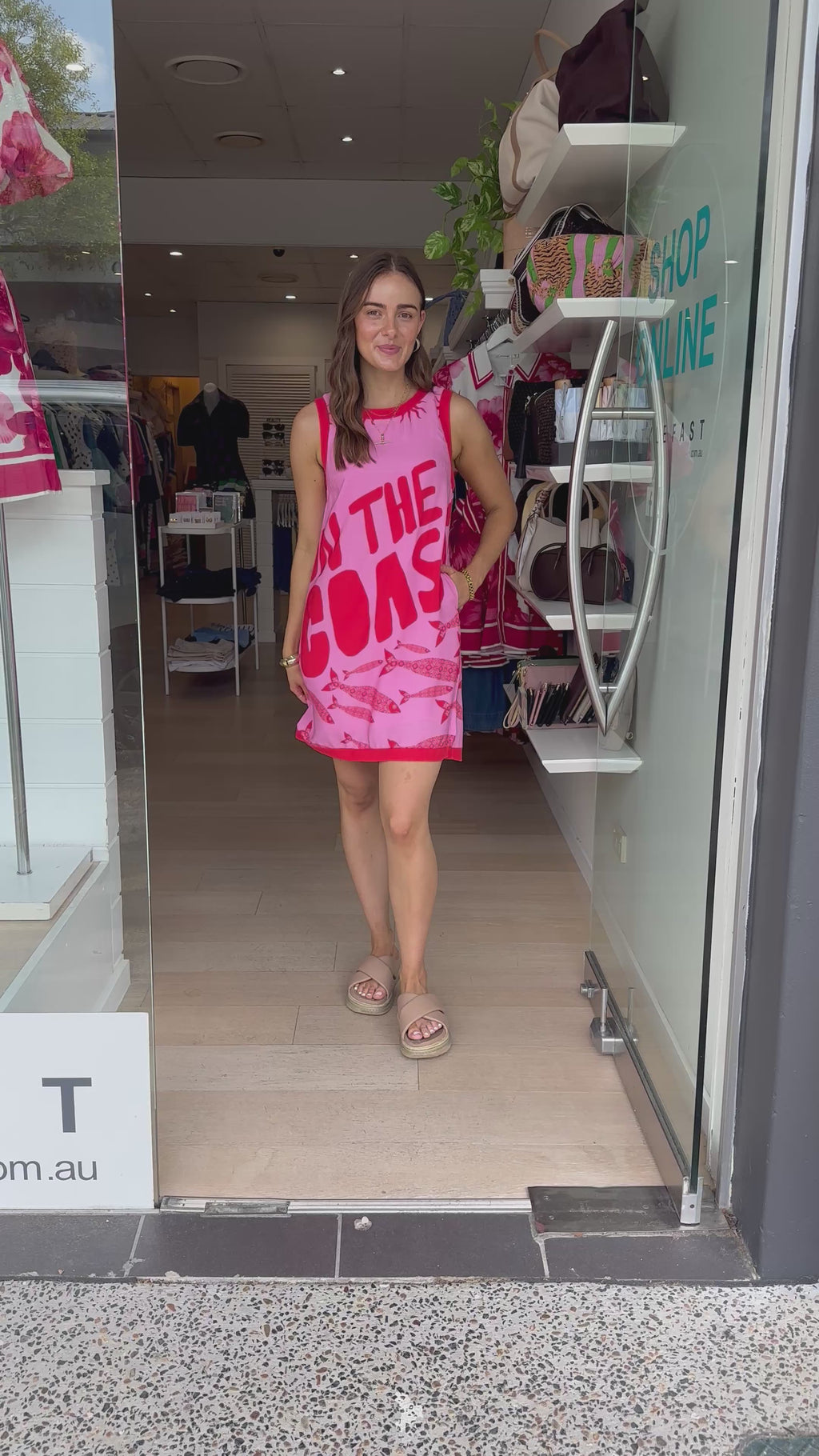 ON THE COAST MINI SHIFT DRESS - RED/PINK PRINT