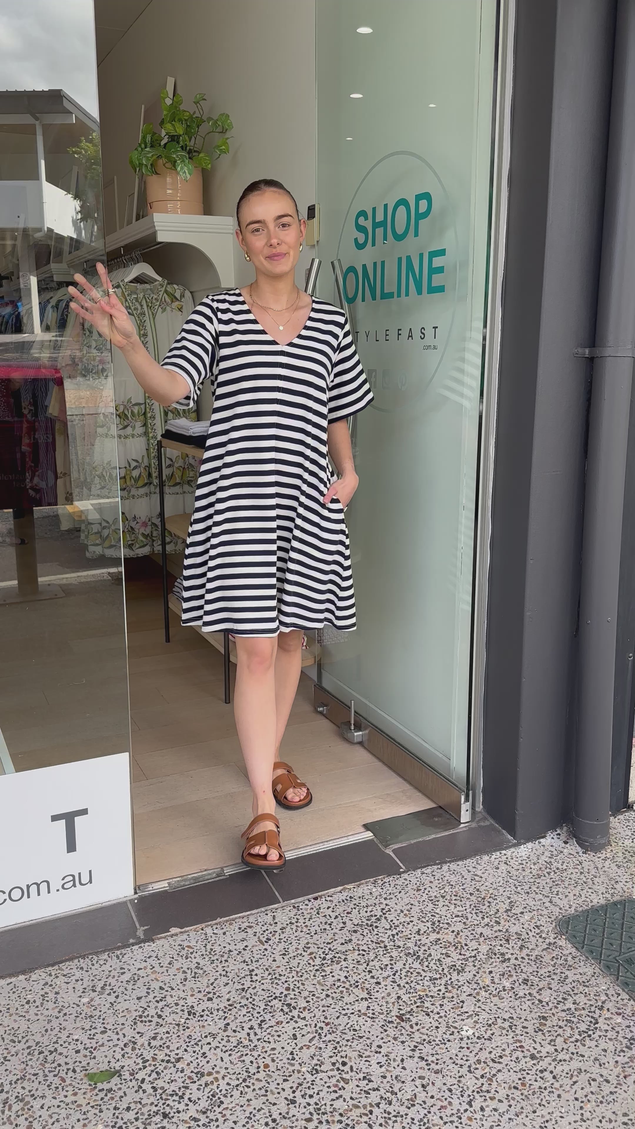 RENEE A LINE TEE SHIRT DRESS - NAVY STRIPE