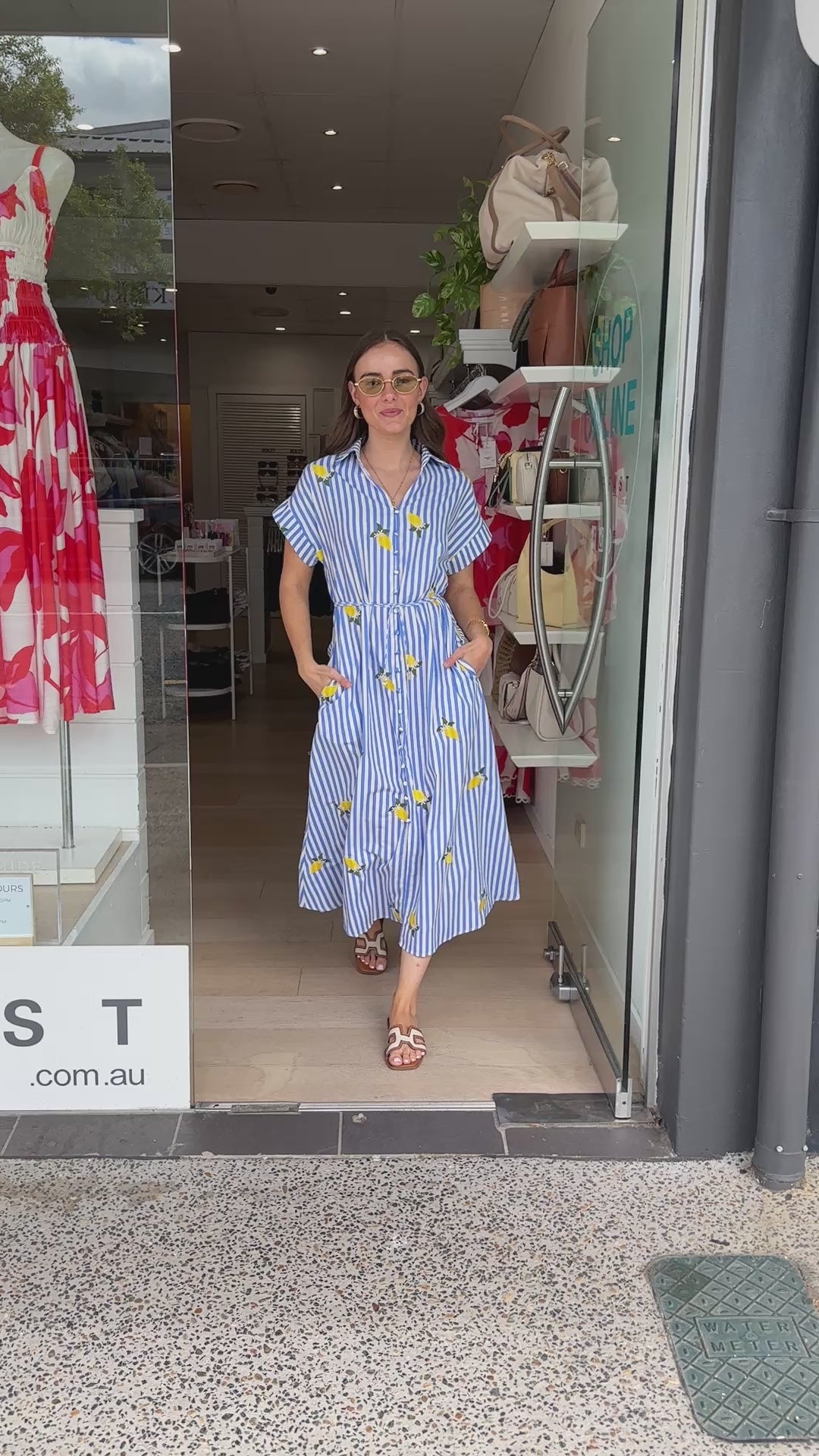 BONNIE BUTTON THROUGH MAXI DRESS - BLUE STRIPE/LEMON