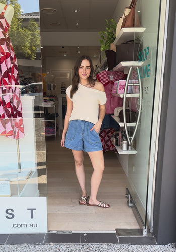 MADISON OFF THE SHOULDER KNIT TOP - BEIGE