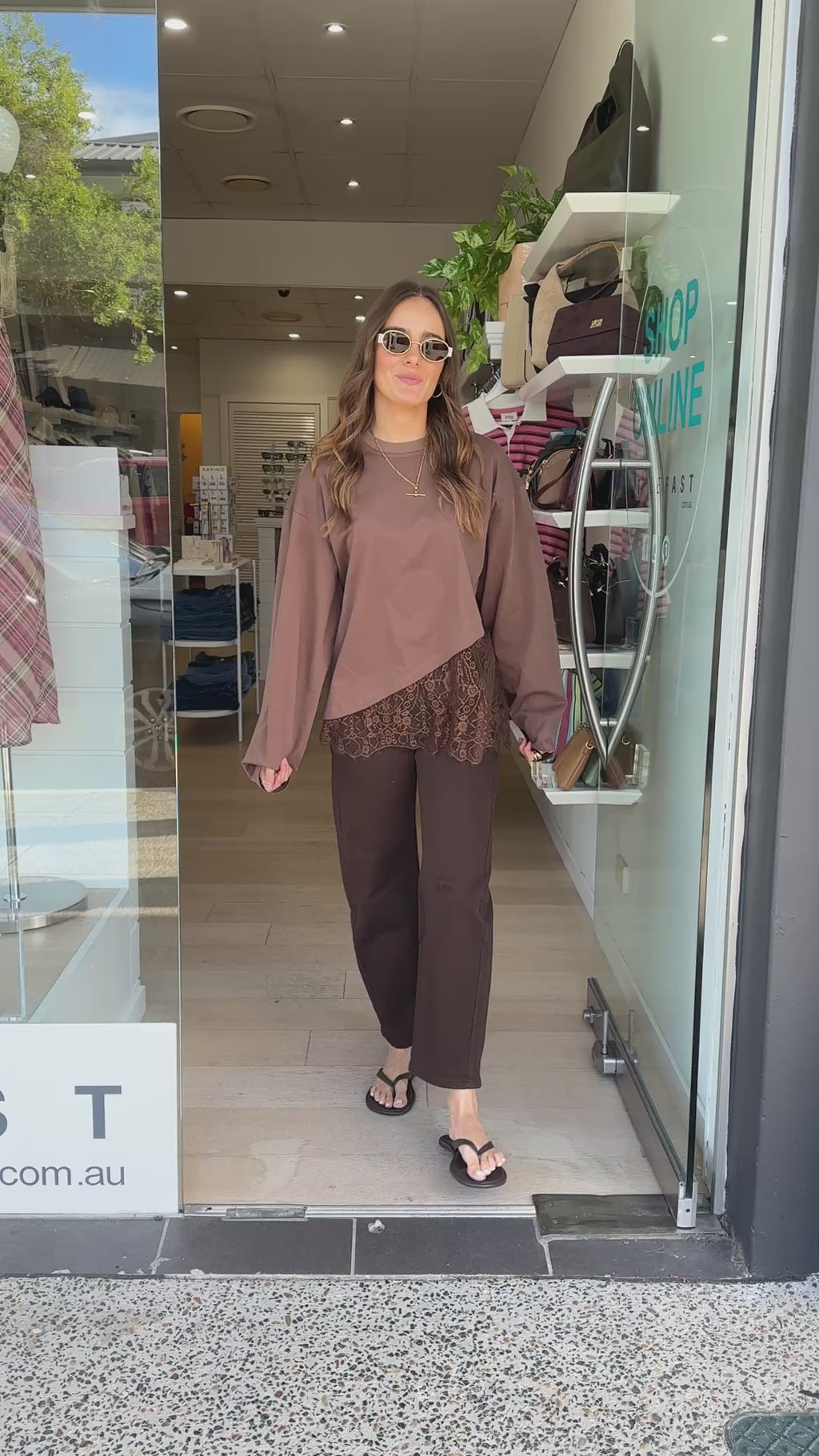 VALLY LACE DETAIL LONG SLEEVE TEE - CHOCOLATE