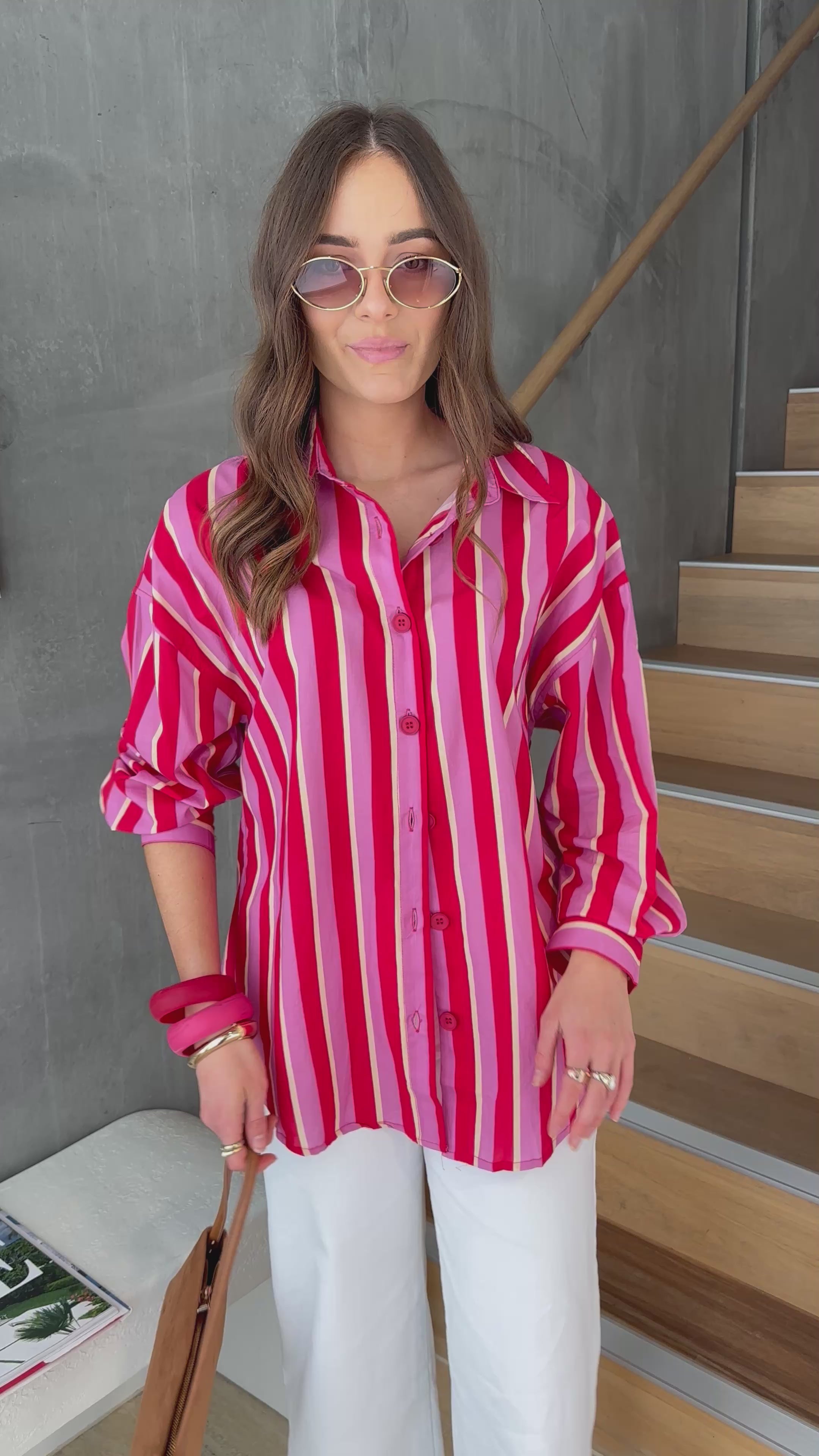 RENATA 100% COTTON SHIRT - RED/PINK STRIPE
