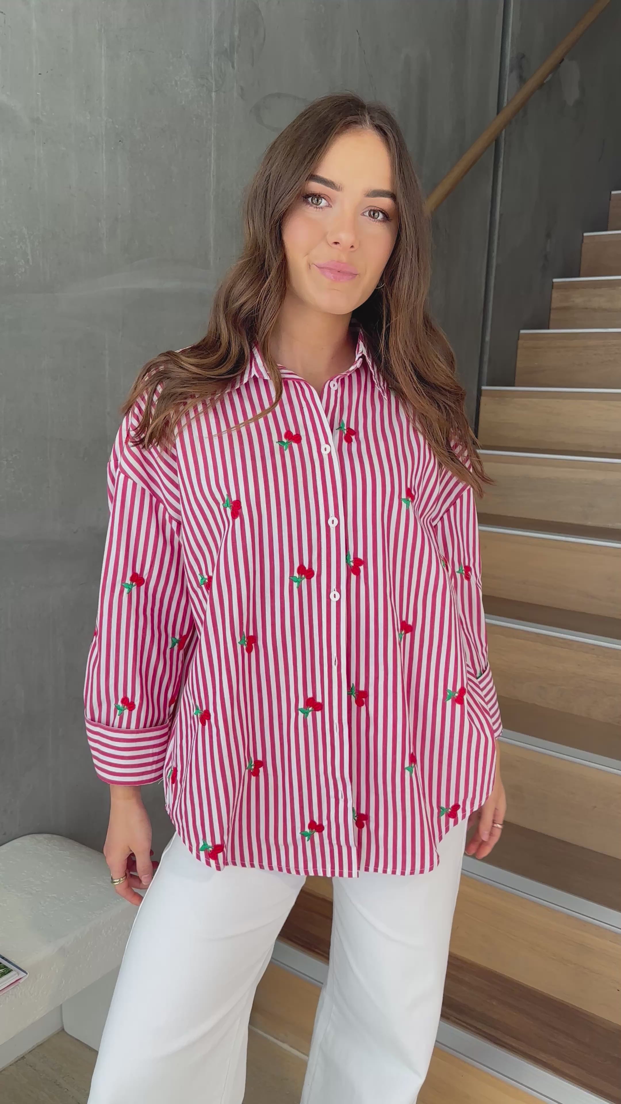 KIMMY BUTTON THROUGH SHIRT - RED STRIPE