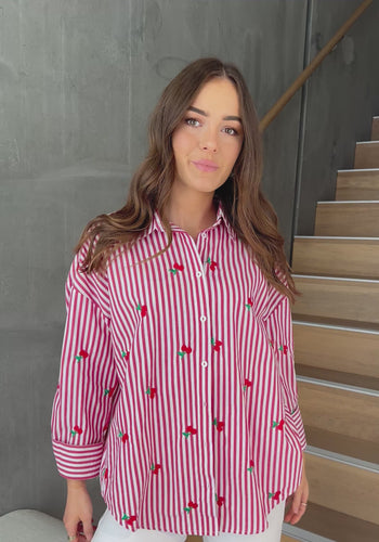 KIMMY BUTTON THROUGH SHIRT - RED STRIPE