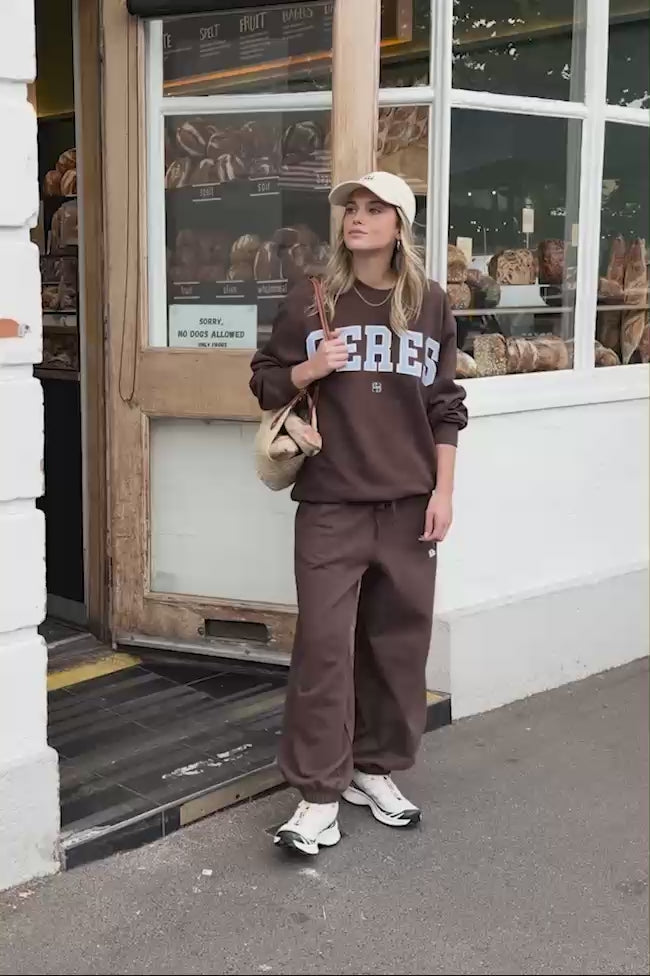 CERES LIFE ISLA OVERSIZED SLOUCHY CREW - BRUNETTE BROWN & SKY BLUE LOGO