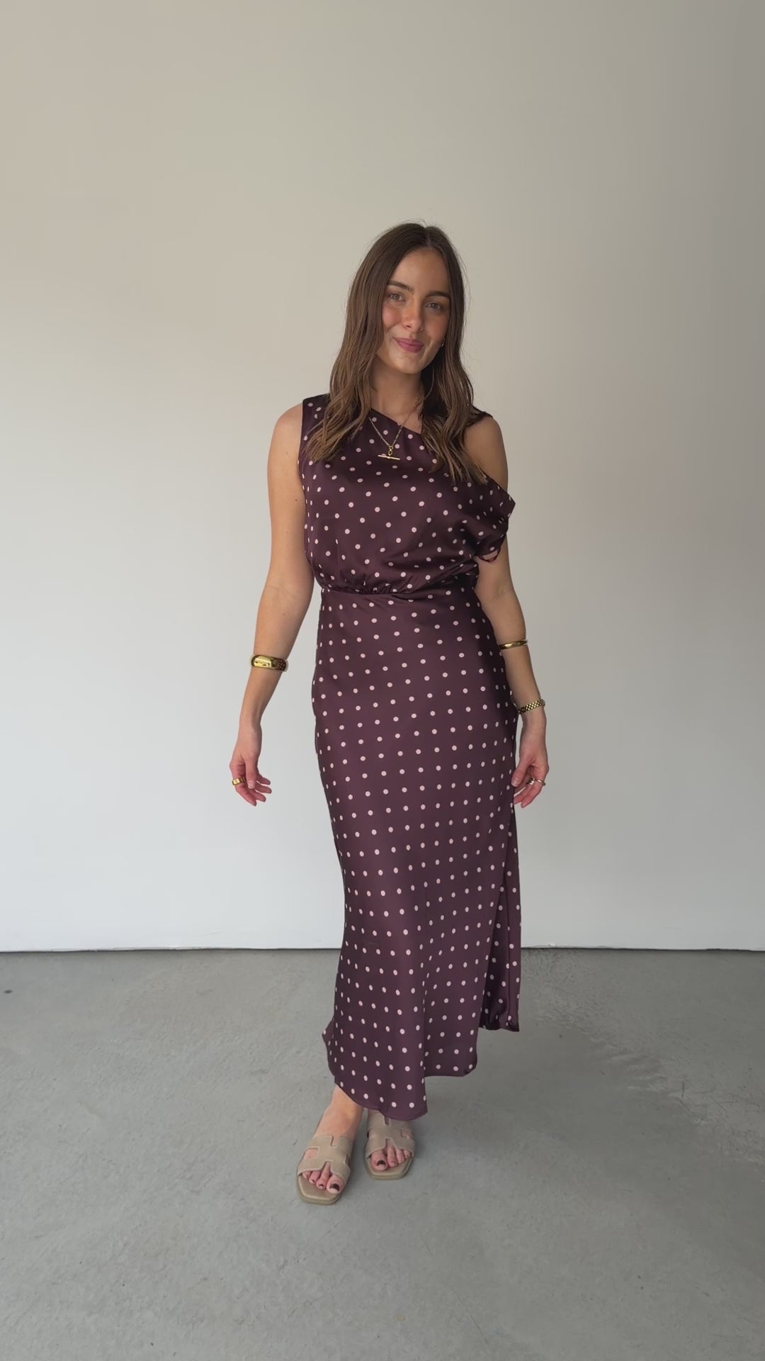 ELODIE ONE SHOULDER MIDI DRESS - CHOCOLATE SPOT