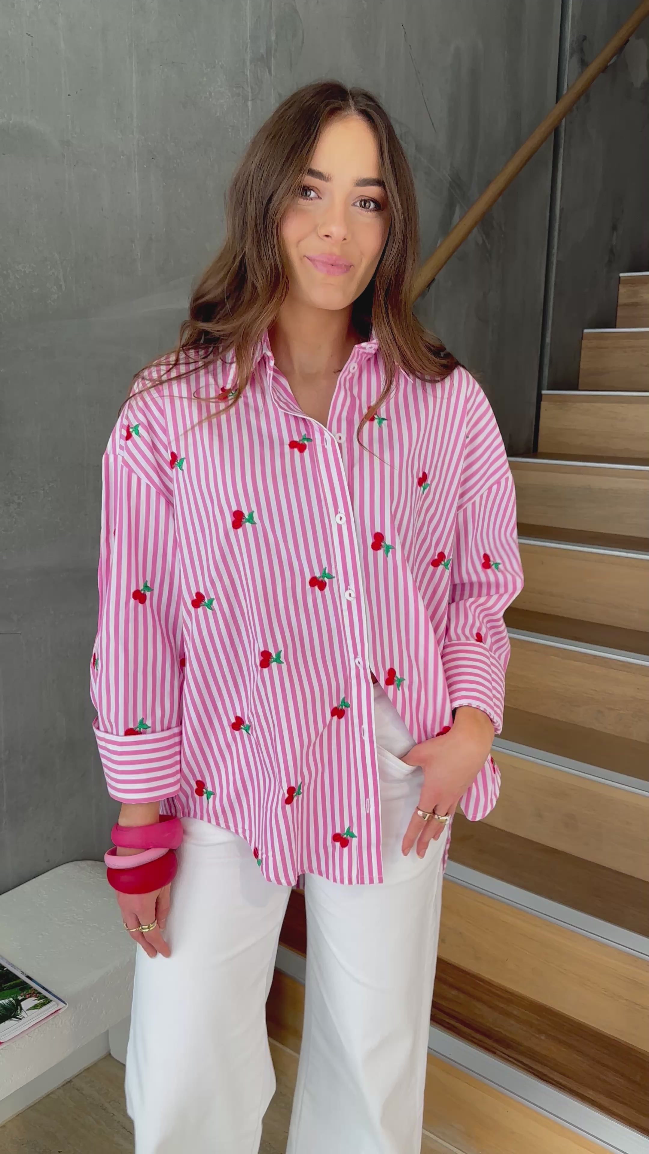 KIMMY BUTTON THROUGH SHIRT - PINK STRIPE