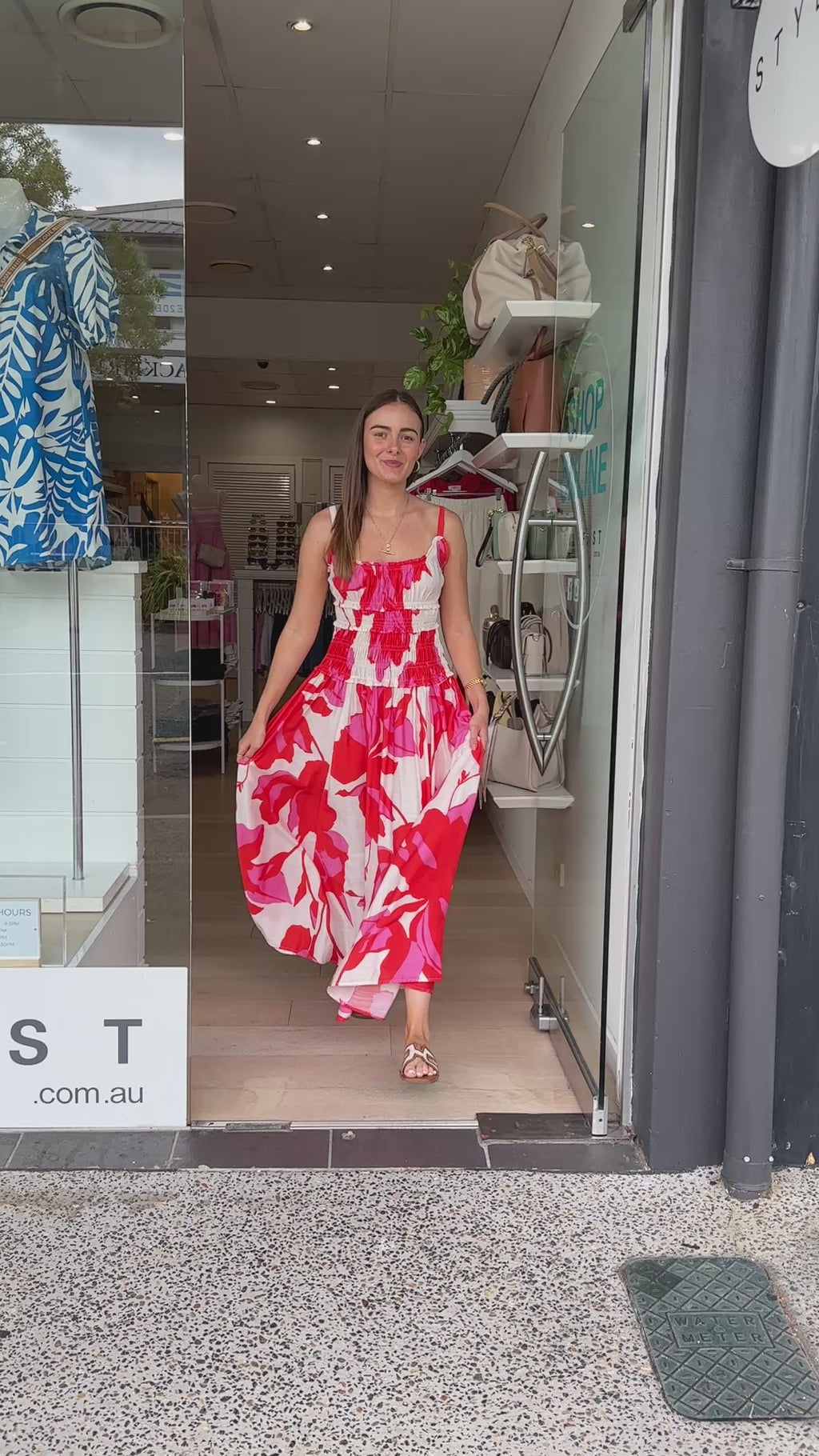 SIA SHIRRED MAXI DRESS - RED/PINK PRINT