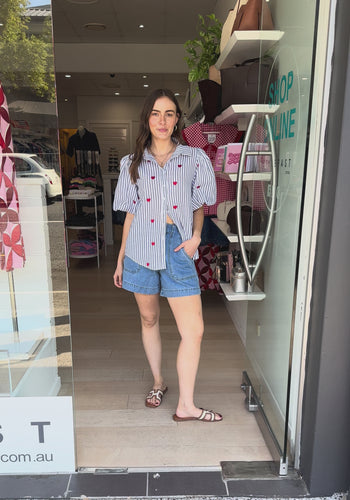CARMEN BUTTON THROUGH BLOUSE - BLUE STRIPE