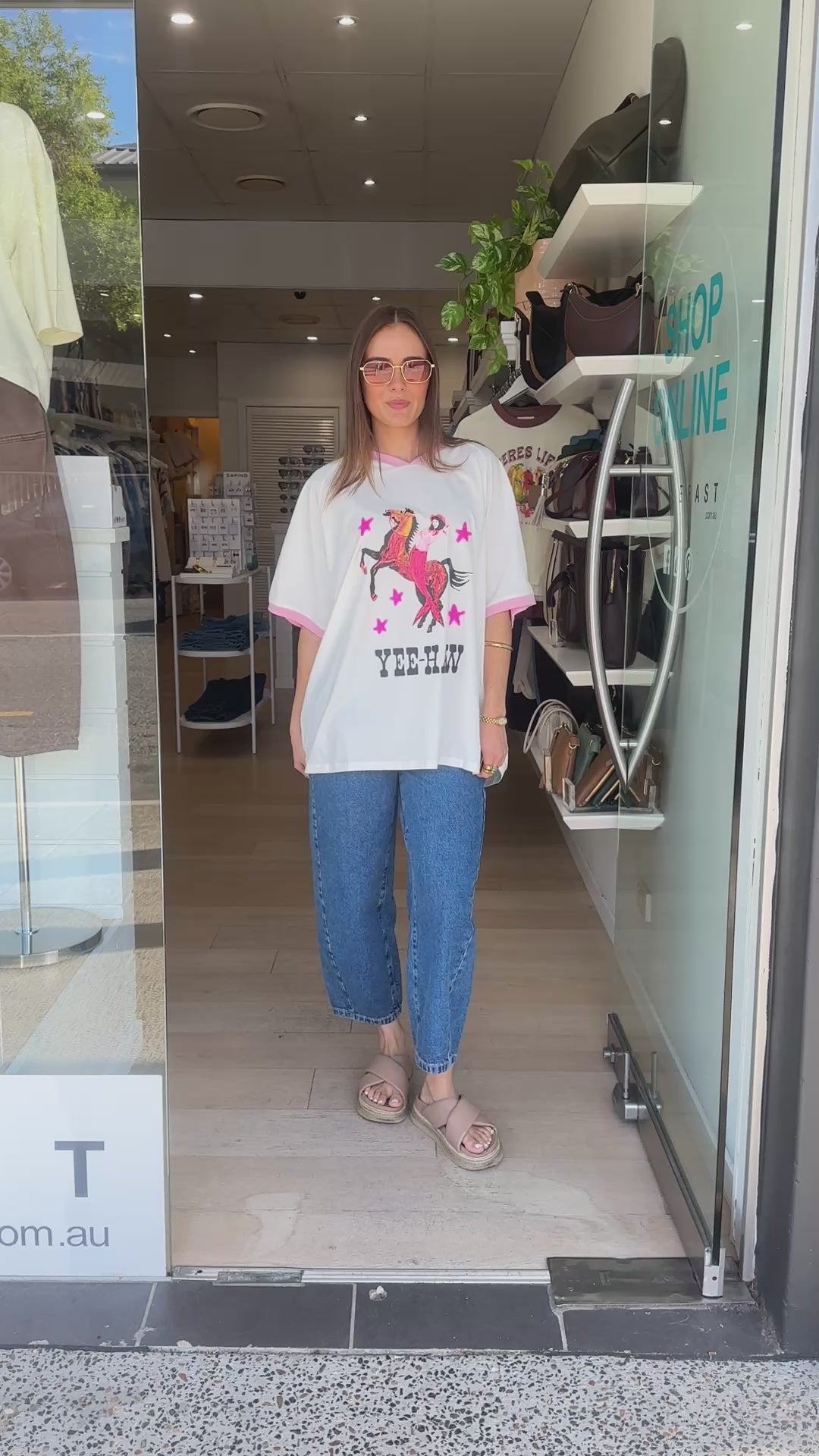 BY FRANKIE V NECK YEE HAW OVERSIZED TEE - WHITE/PINK