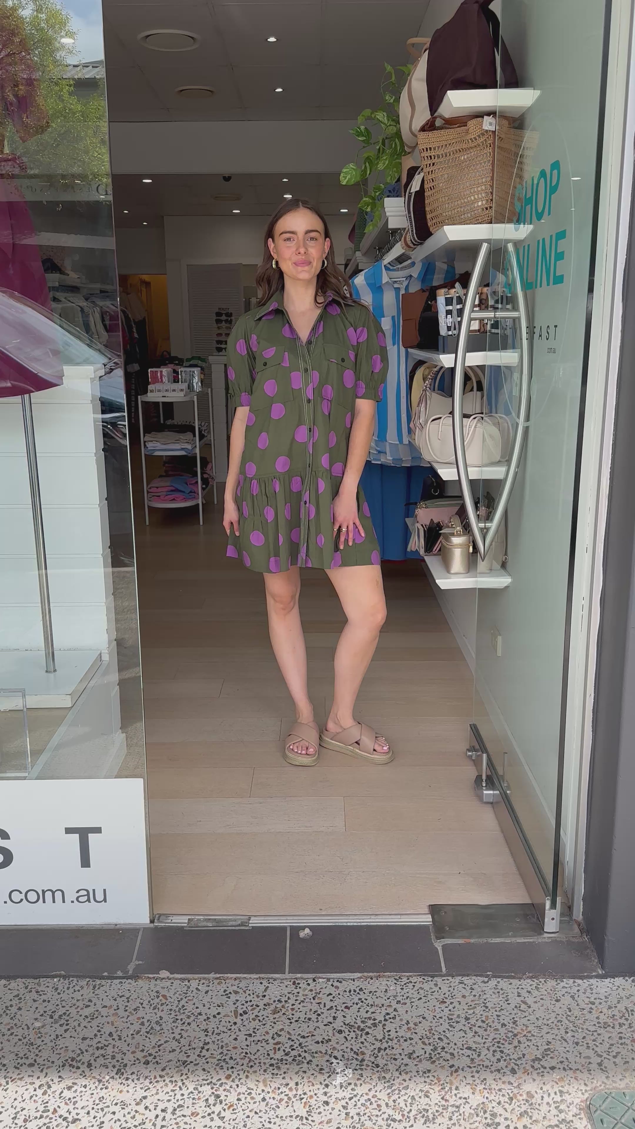 ITAMI SPOT BUTTON DRESS - KHAKI/PURPLE SPOT