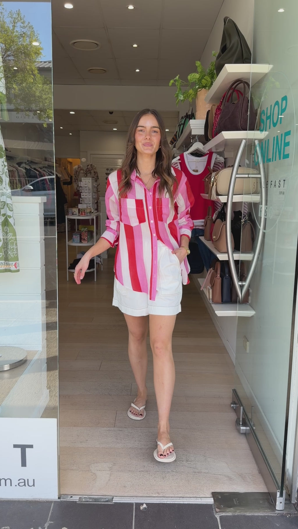 SHAE LINEN SHIRT - PINK/RED STRIPE