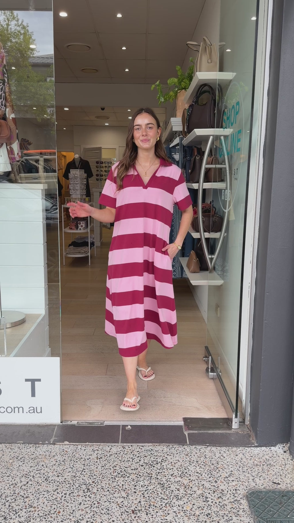 BROOKE COTTON JERSEY MIDI DRESS - PINK/BURGUNDY STRIPE