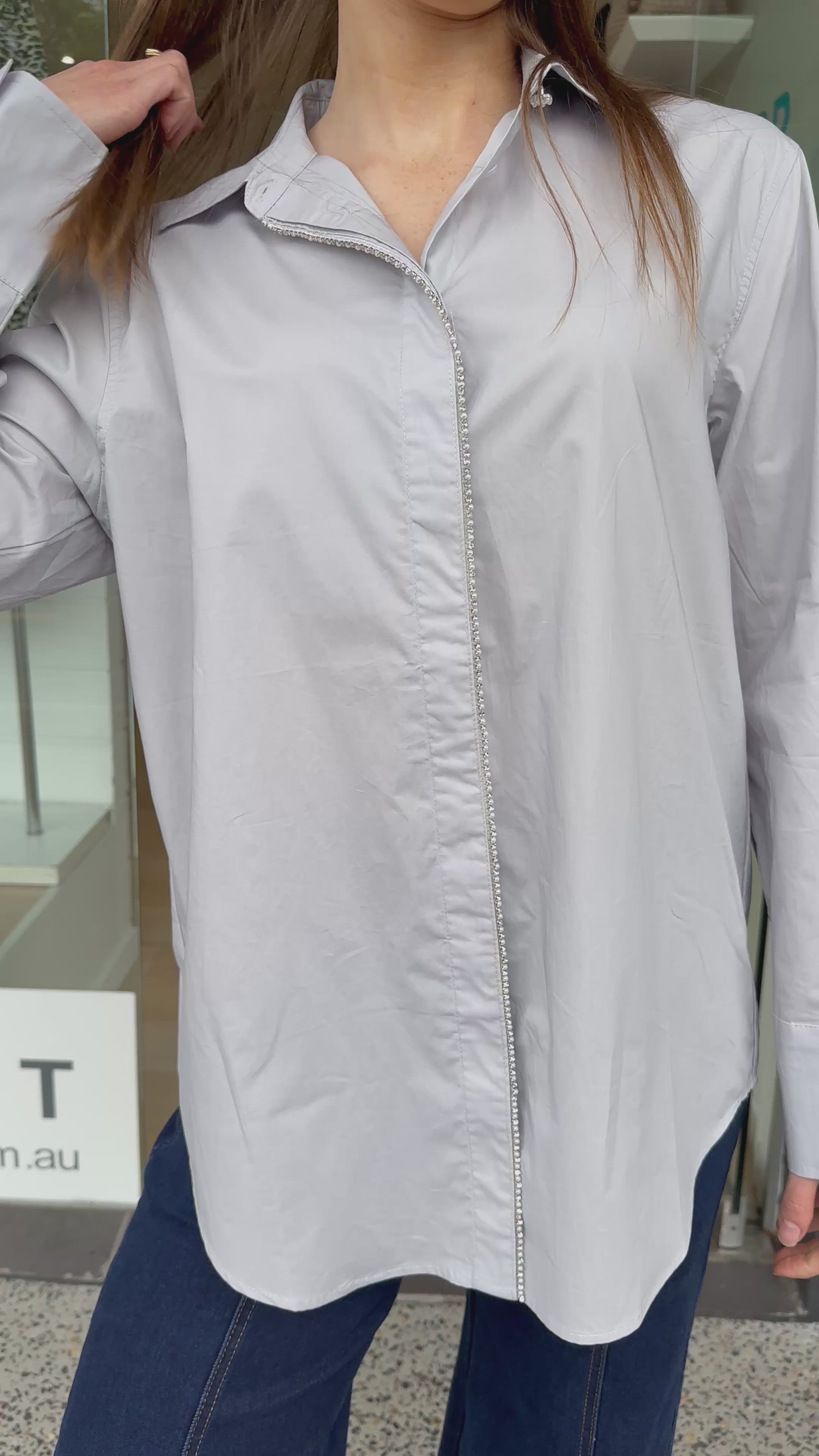 GRACIE DIAMANTE TRIM SHIRT - SILVER