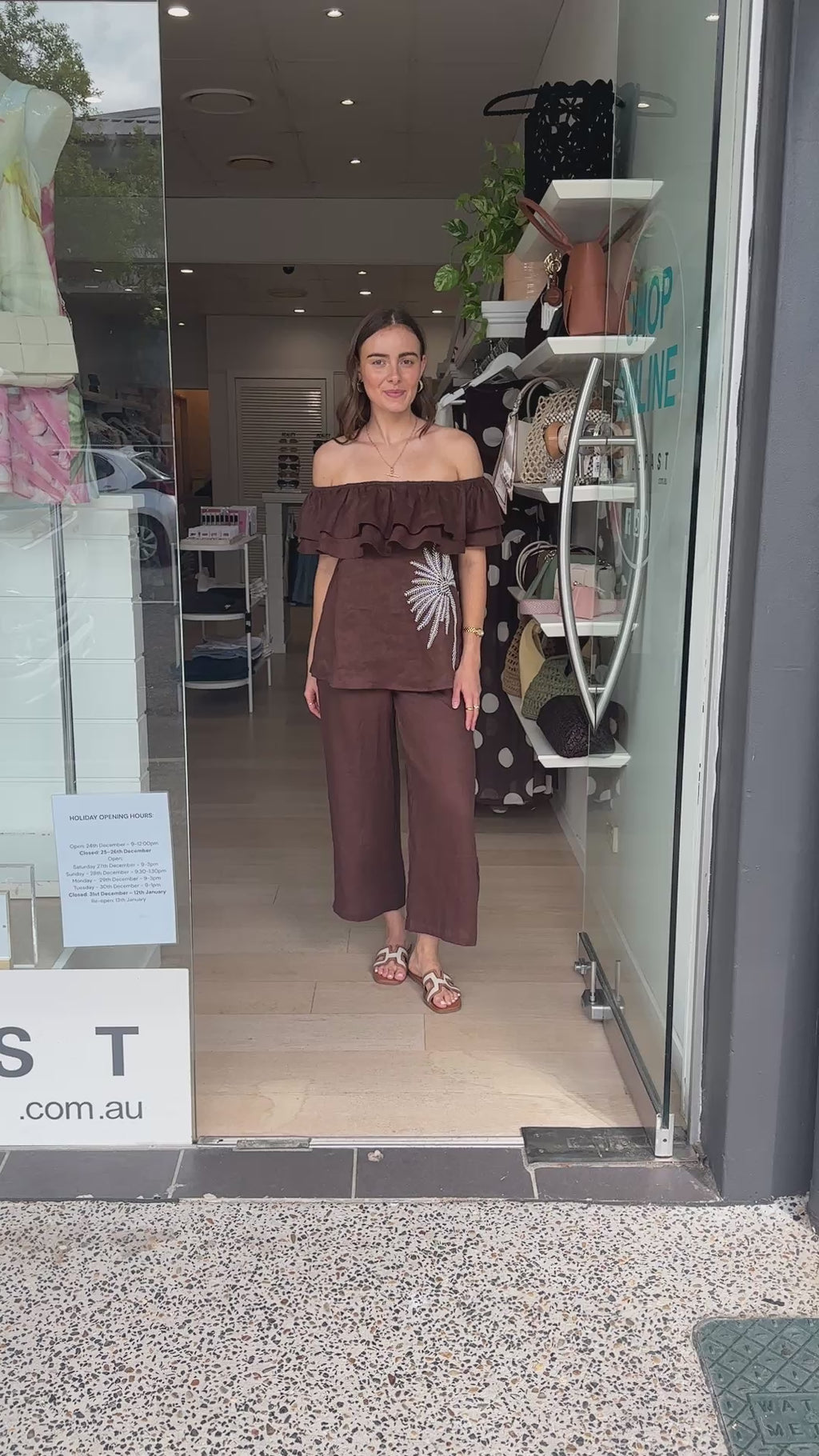 ADORNE SERENA LINEN FRILL TOP - CHOCOLATE