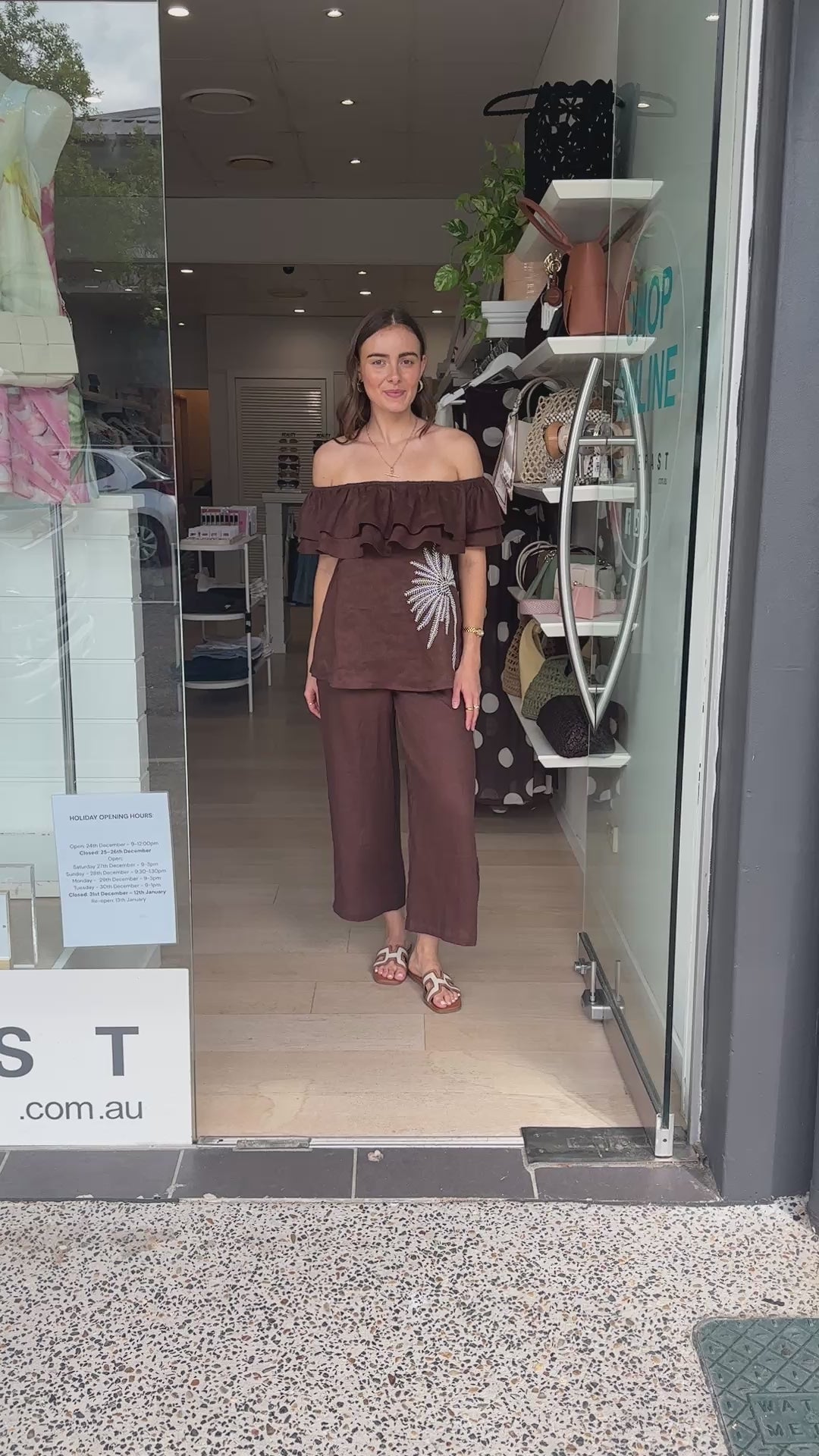 ADORNE SERENA LINEN FRILL TOP - CHOCOLATE