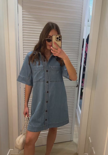 CERES LIFE AVA SHORT SLEEVE YOKE MINI DRESS - VINTAGE BLUE